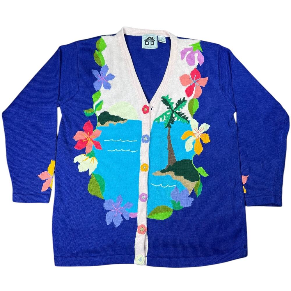 Vintage Storybook Knits Tropical Floral Cardigan Embroidered Ugly Sweater Large